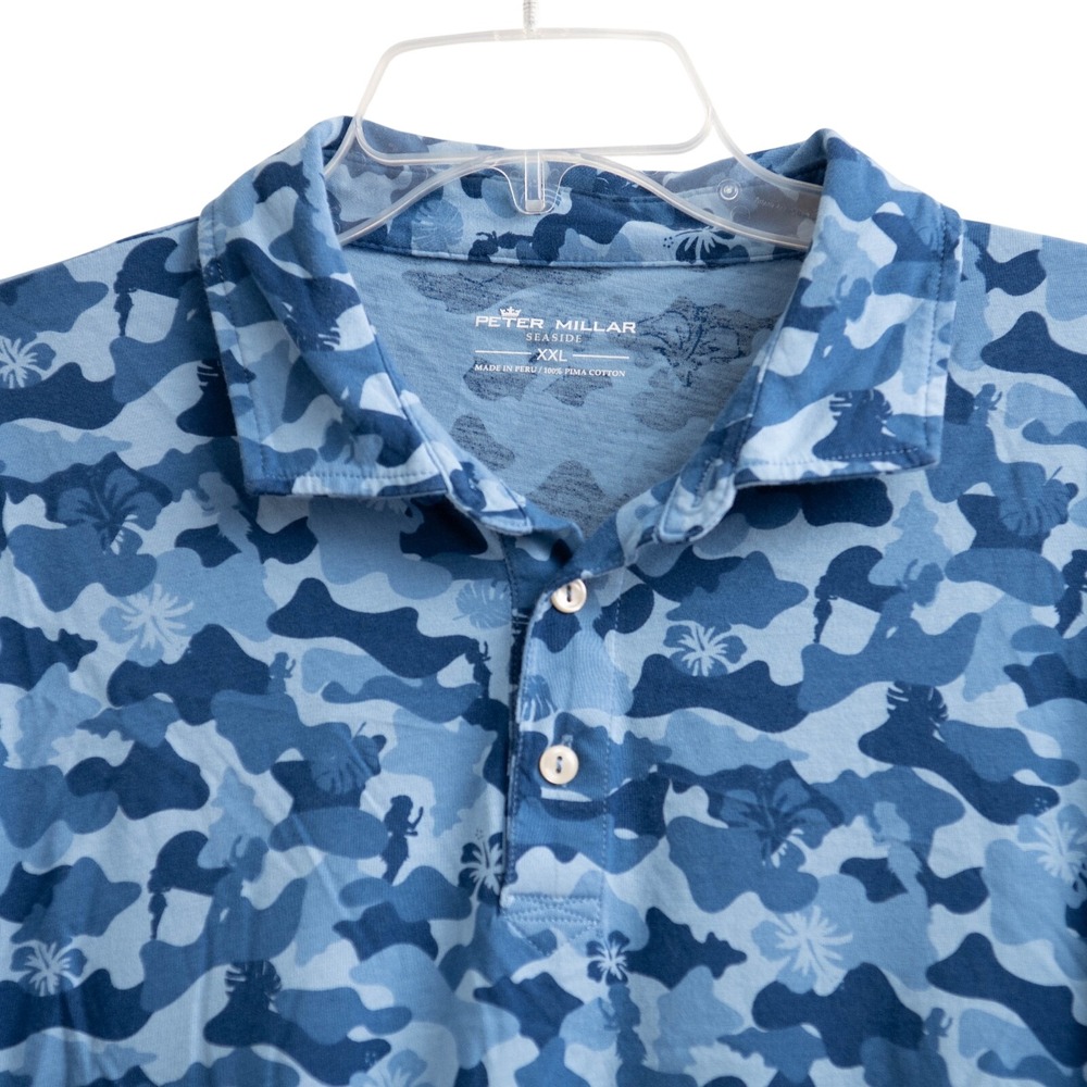 Peter Millar Performance Jersey Polo Shirt Mens 2XL Blue Camo Print Short Sleeve